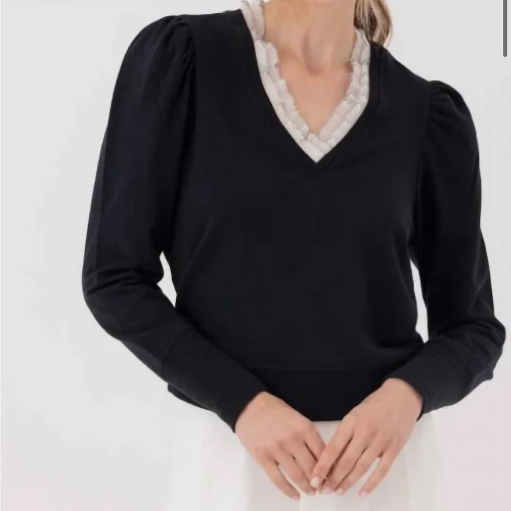 Sundays Valley Pullover Black Top with Gray Ruffle Trim